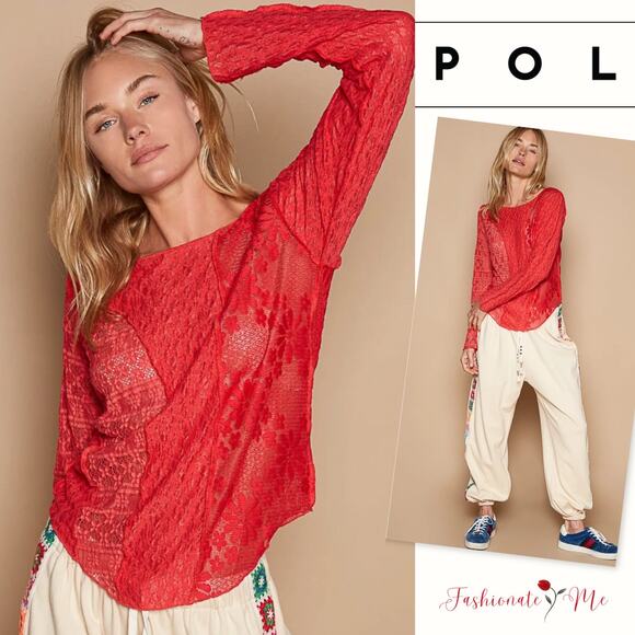 POL Exposed Seam Long Sleeves Boat Neck Floral Lace Knit Top | Real Red - Picture 1 of 7